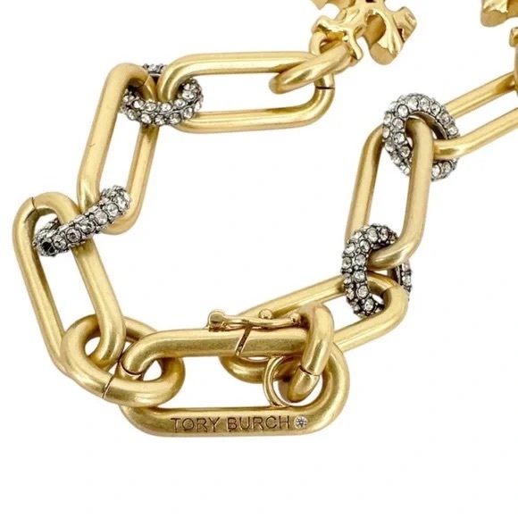 TORY BURCH • Gold Roxanne Chain Crystal Logo Necklace Includes Jewelry Bag - Picture 3 of 9